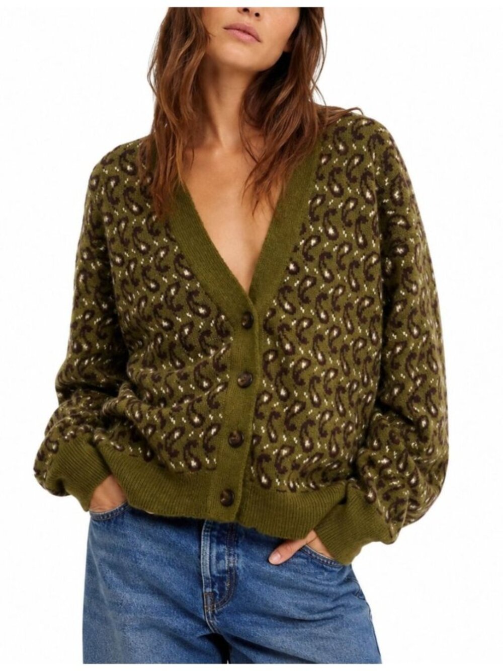 THE GREAT Slouch Cardigan Army Paisley Alpaca Wool Sweater
